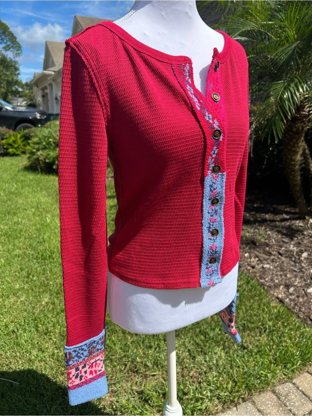 NWT🌷Free People Embroidered Trim Crew Neck Long Sleeve Cardi Top